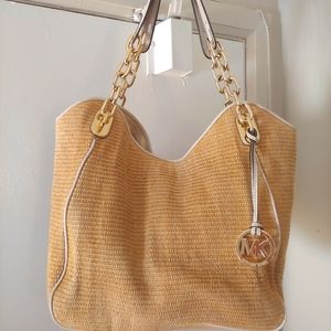 Michael Kors Brown/Ivory Woven Raffia and Leather Chain Tote
